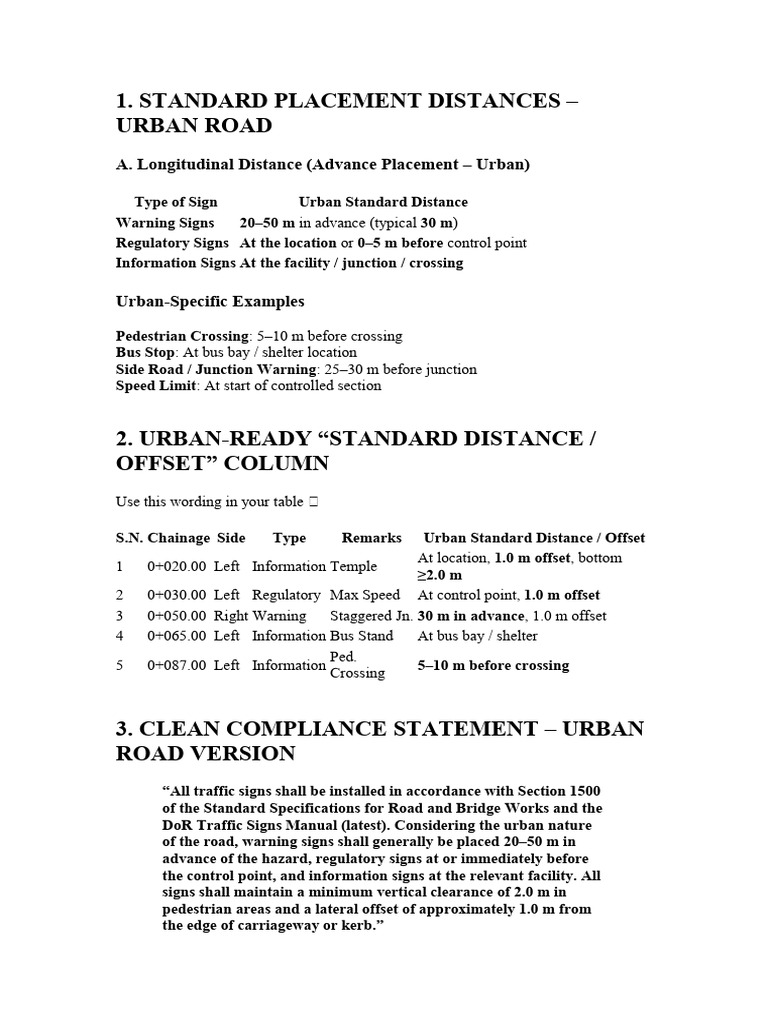 Standard Placement Distances - Urban Road | PDF