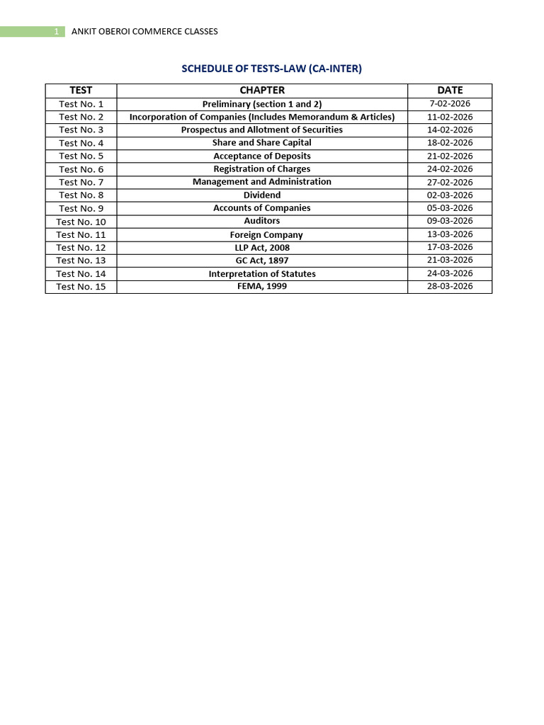 Schedule of Tests-LAW (CA-InTER) | PDF