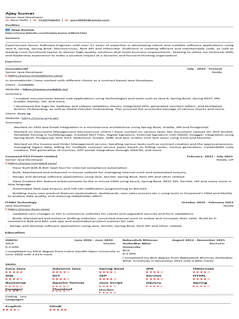 Ajay Kumar Resume 2025 | PDF | Java (Programming Language) | Web ...