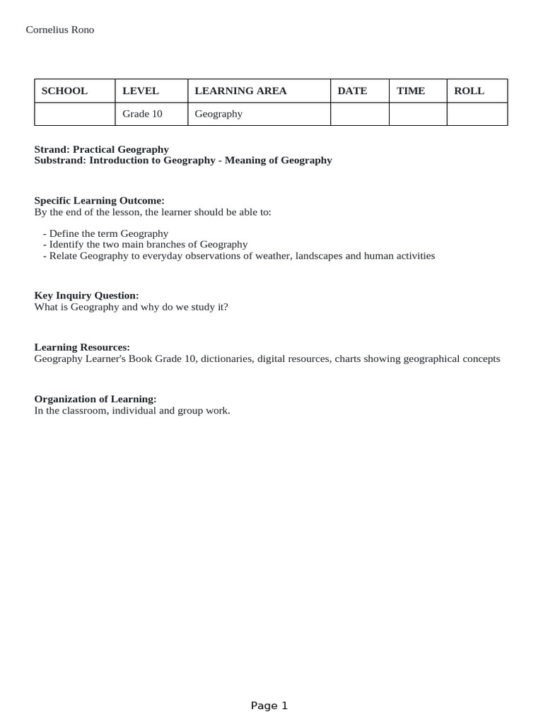 Geography - Grade 10 Lesson Plan | PDF | Geography | Learning
