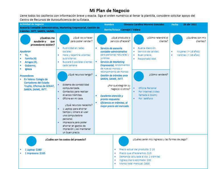 Plan de Negocio Canvas Diveana Moreno | PDF | Marketing | Plan de negocios