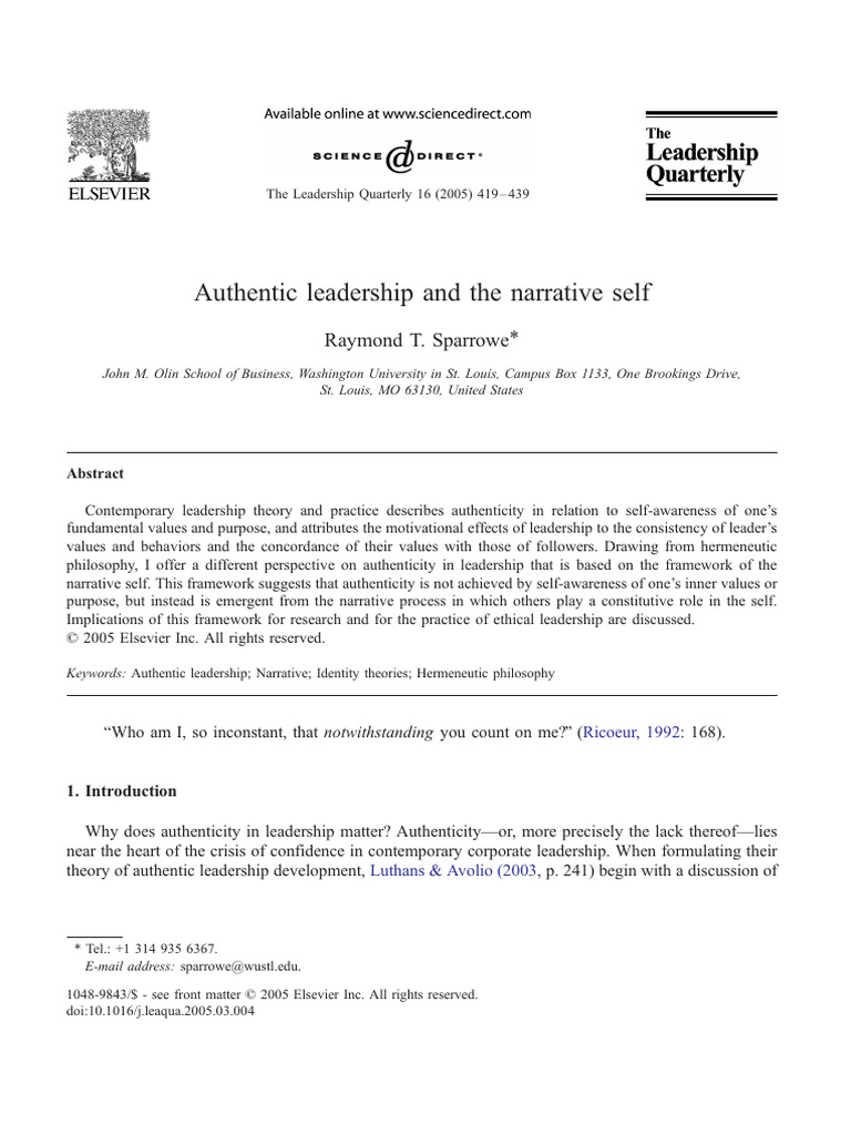 Sparrowe2005 Authenticleadershipnarrativeself | PDF | Self | Narrative