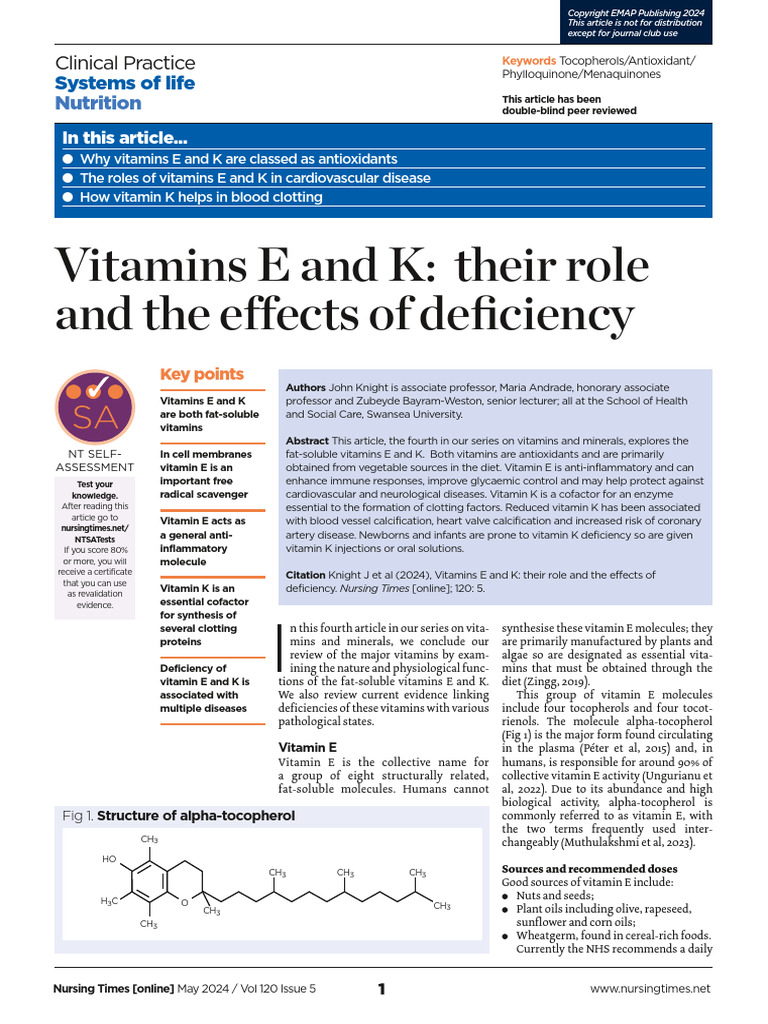 Vitamins E and K Their Role and The Effects of Deficiency | PDF ...