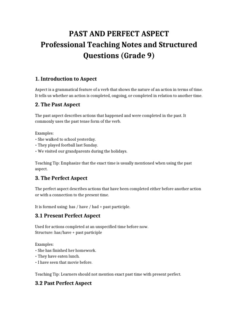 Past and Perfect Aspect Grade 9 Notes | PDF | Perfect (Grammar) | Verb