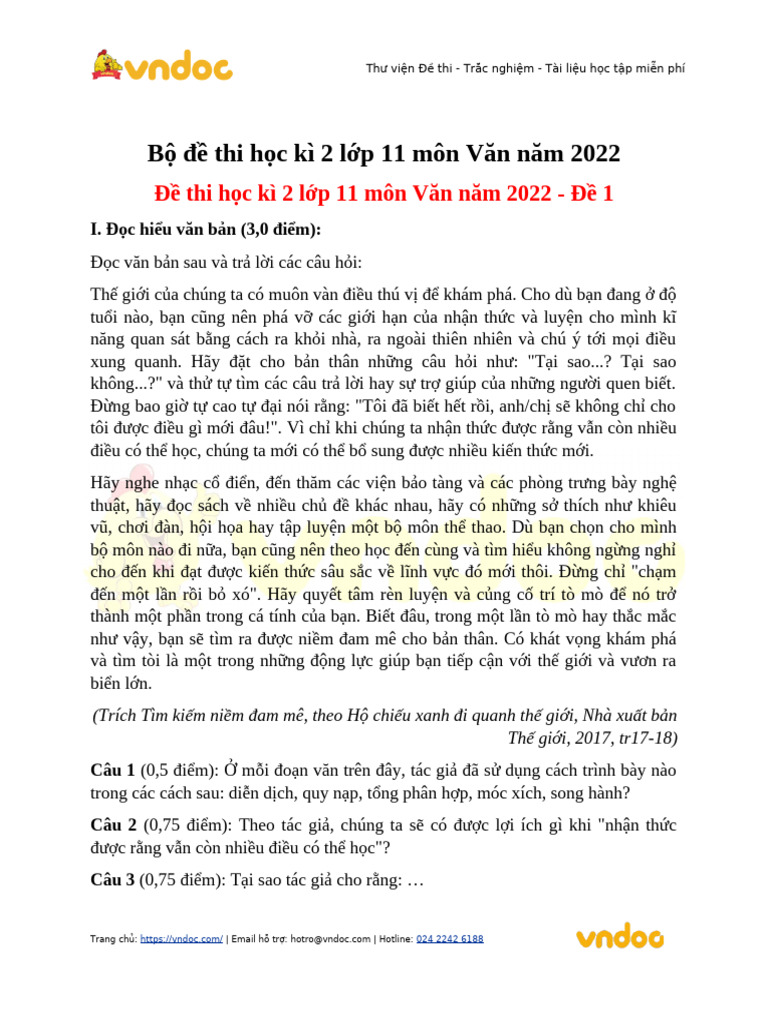 Bo de Thi Hoc Ki 2 Lop 11 Mon Van Nam 2022 | PDF