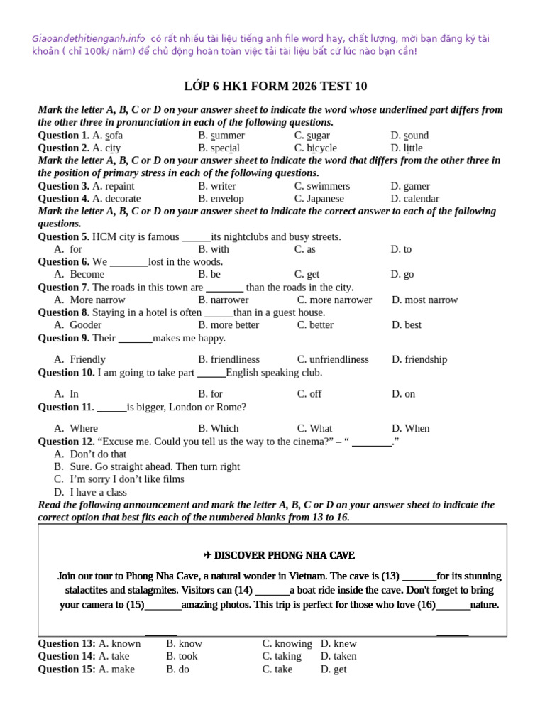 L P 6 HK1 Form 2026 Test 10 | PDF