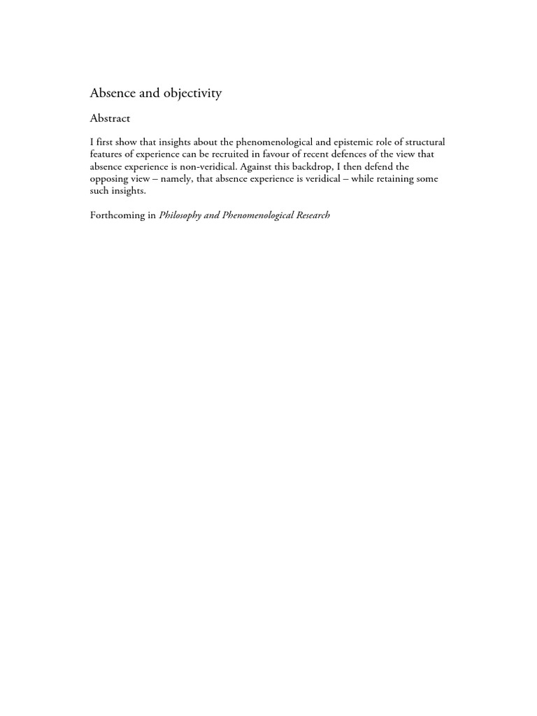 Absence and Objectivity: Philosophy and Phenomenological Research | PDF ...