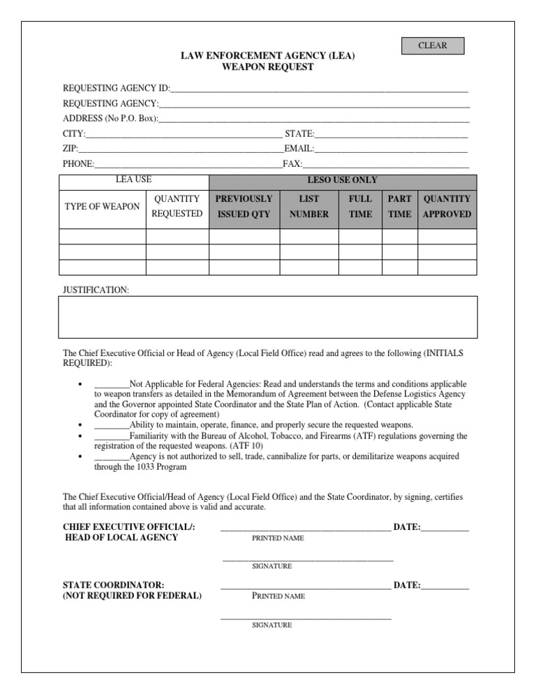 LEA Weapon Request Form Template | PDF | Bureau Of Alcohol | Public Sphere