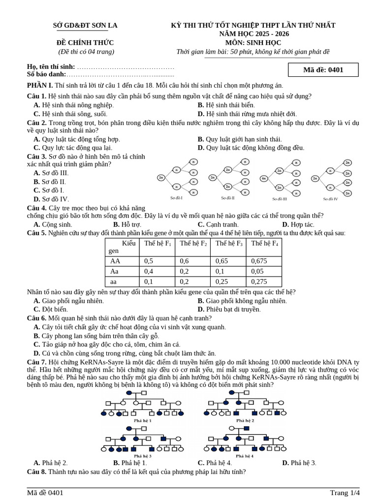Ma de Thi - 0401 - Sinh Hoc TT Lan 1 (2025-2026) | PDF