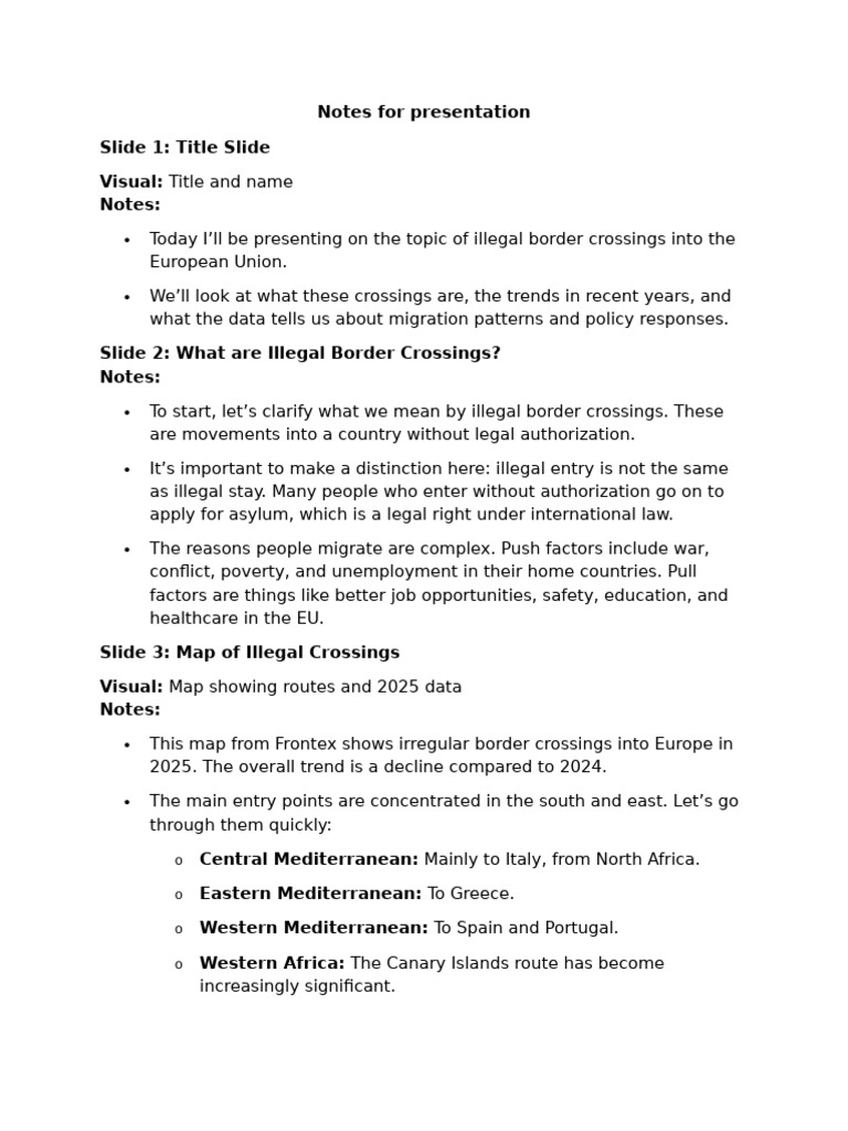 Notes For Presentation | PDF | Human Migration | Immigration