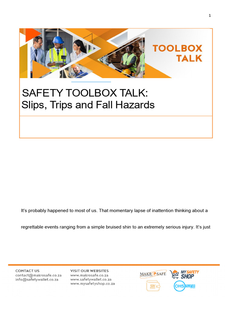 Health and Safety Toolbox Talk - Slips, Trips and Falls Rev1 | PDF ...