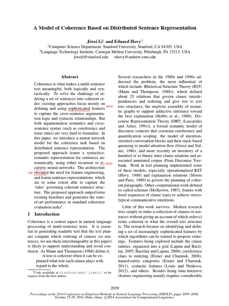 A Model of Coherence Based on Distributed Sentence Representation | PDF ...