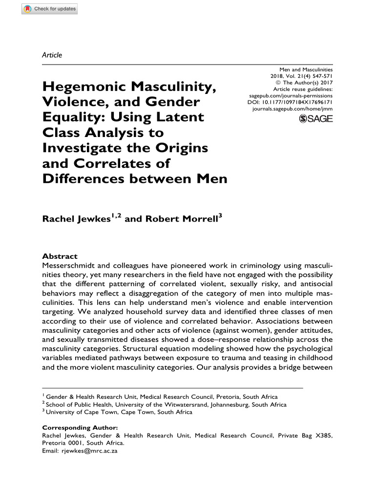 Jewkes Morrell 2017 Hegemonic Masculinity Violence and Gender Equality ...