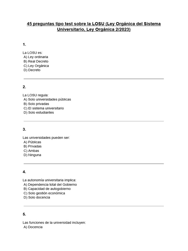 45 Preguntas Tipo Test Sobre La LOSU (Ley Orgánica Del Sistema ...