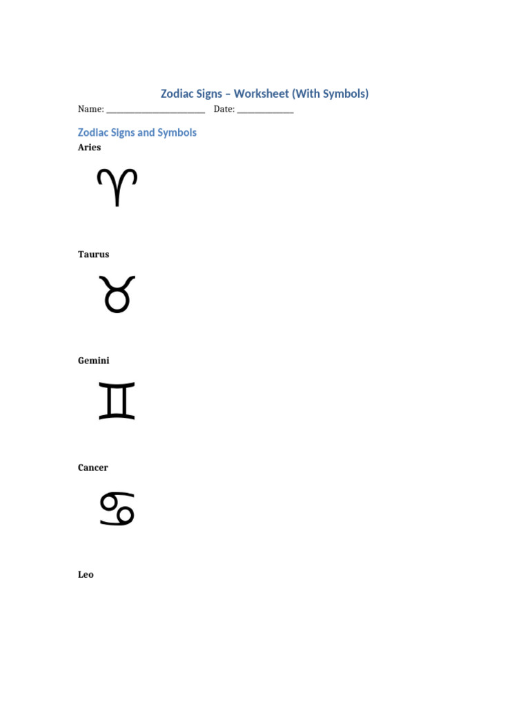 Zodiac Signs Worksheet With Symbols | PDF