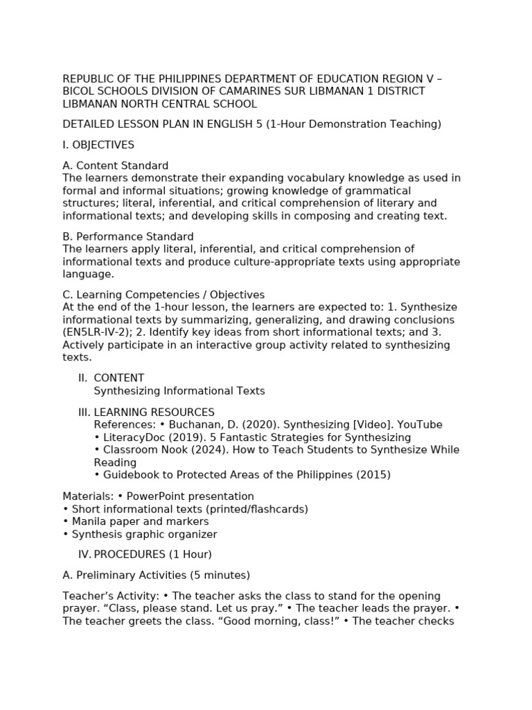 Detailed Lesson Plan in English 5 - Synthesizing Informational Texts ...