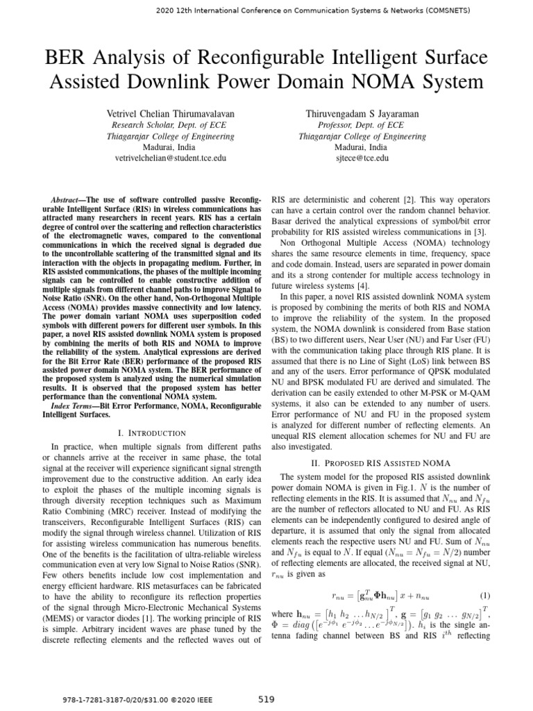 BER Analysis of Reconfigurable Intelligent Surface Assisted Downlink ...