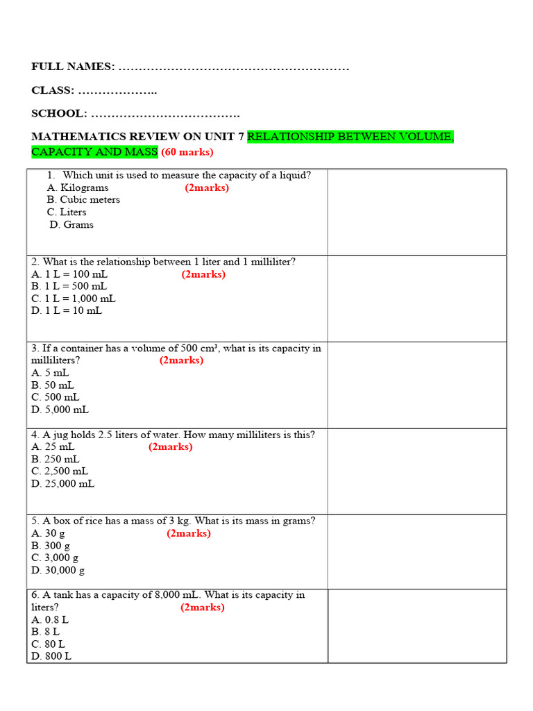 Unit 7 | PDF | Litre | Volume