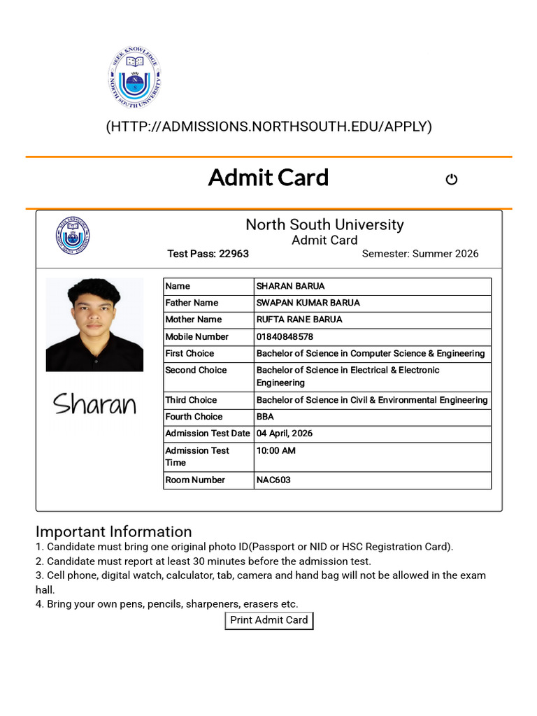 Print Admit Card | PDF