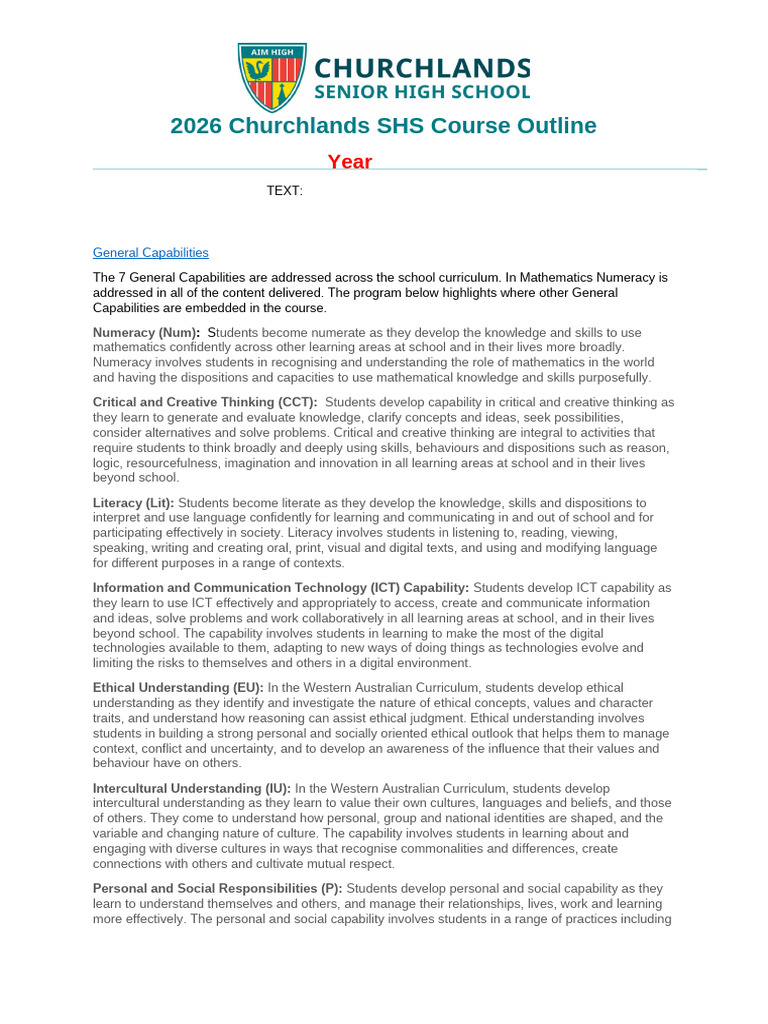 2026 Churchlands SHS Course Outline: Text | PDF | Area | Quadratic Equation
