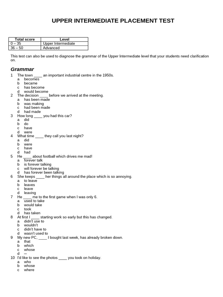 Upper Intermediate - Advanced Test | PDF