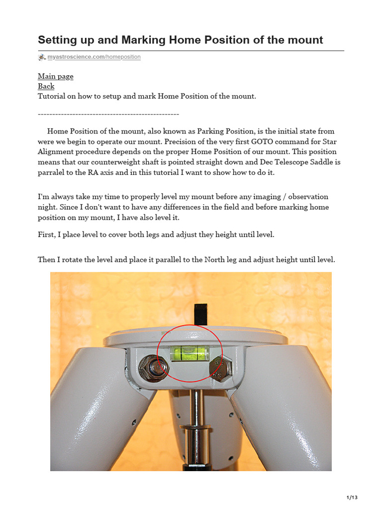 Setting Up and Marking Home Position of The Mount | PDF