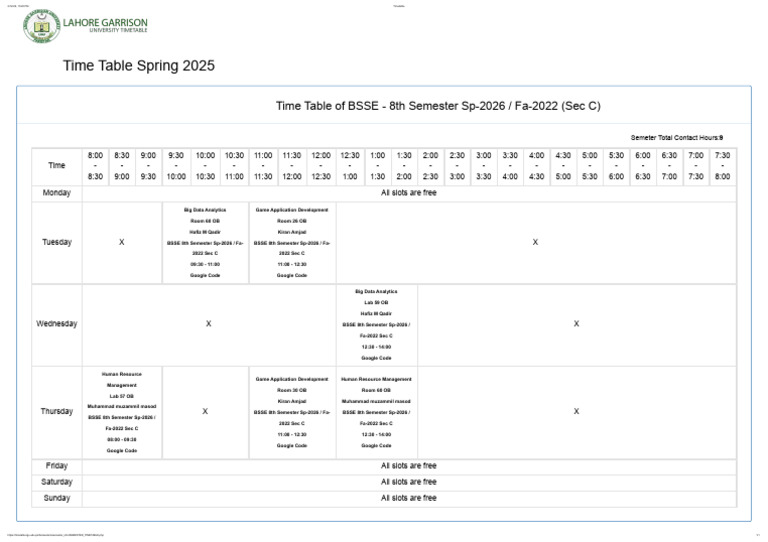 8th Semester Timetable | PDF