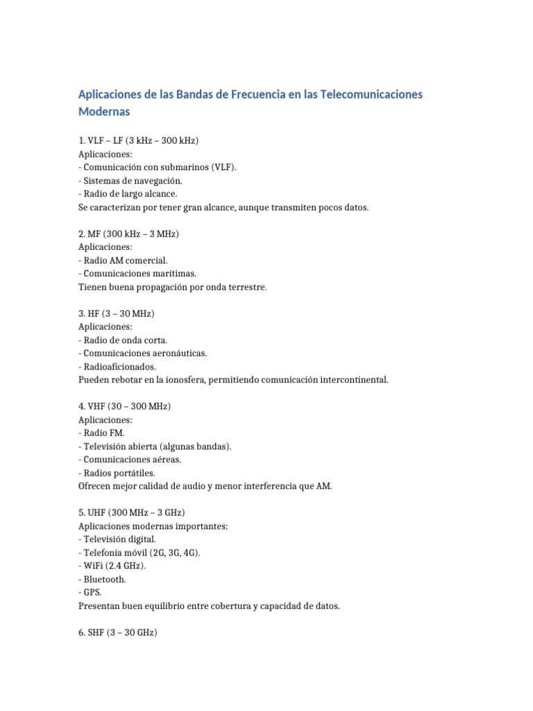 Aplicaciones Bandas de Frecuencia Telecomunicaciones | PDF