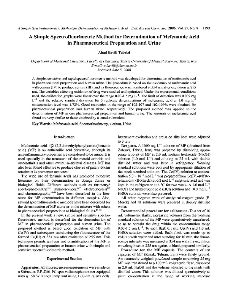 A Simple Spectrofluorimetric Method For Determination of Mefenamic Acid ...