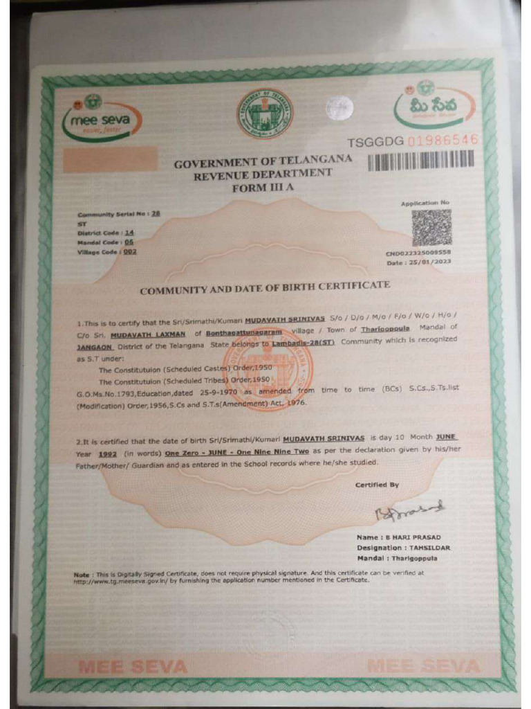 Caste Certificate Srinivas | PDF