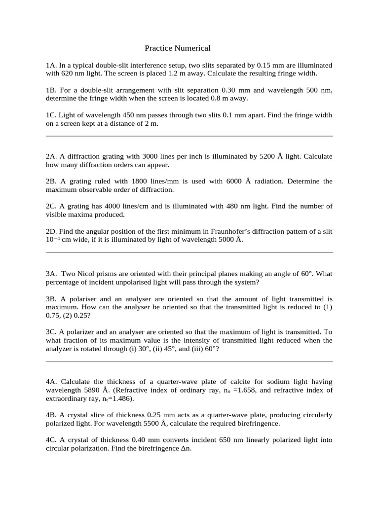 Optics Numericals Version 1 | PDF | Diffraction | Motion (Physics)