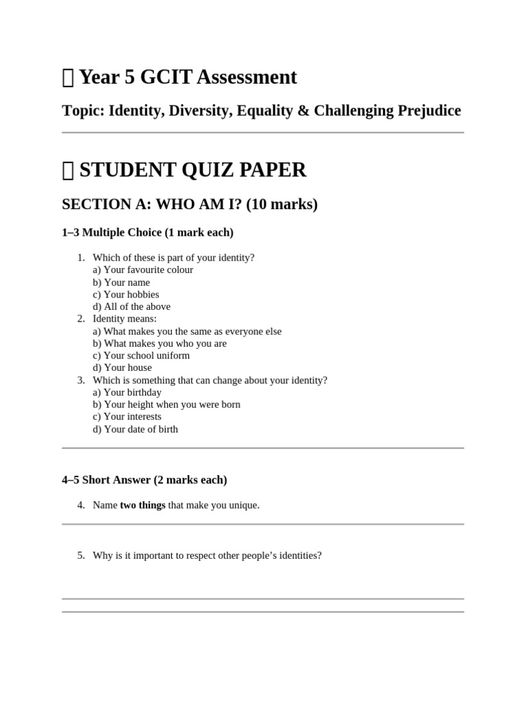 ? Year 5 GCIT Assessment | PDF | Prejudices