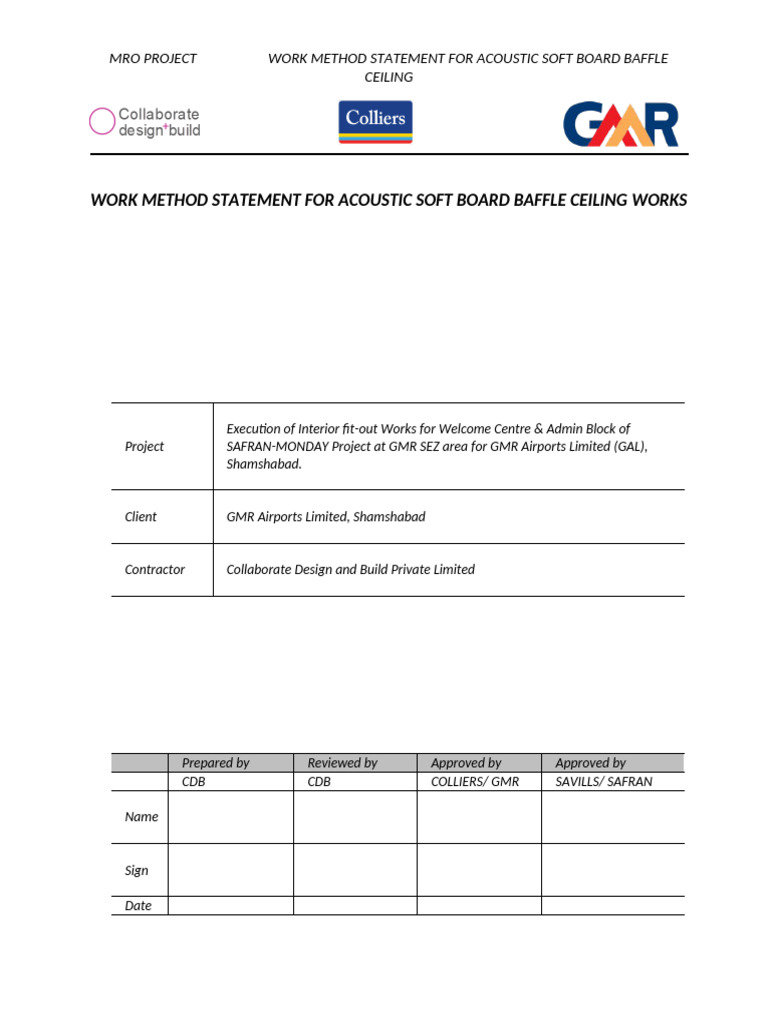 Work Method Statement For Acoustic Soft Board Baffle Ceiling Works ...