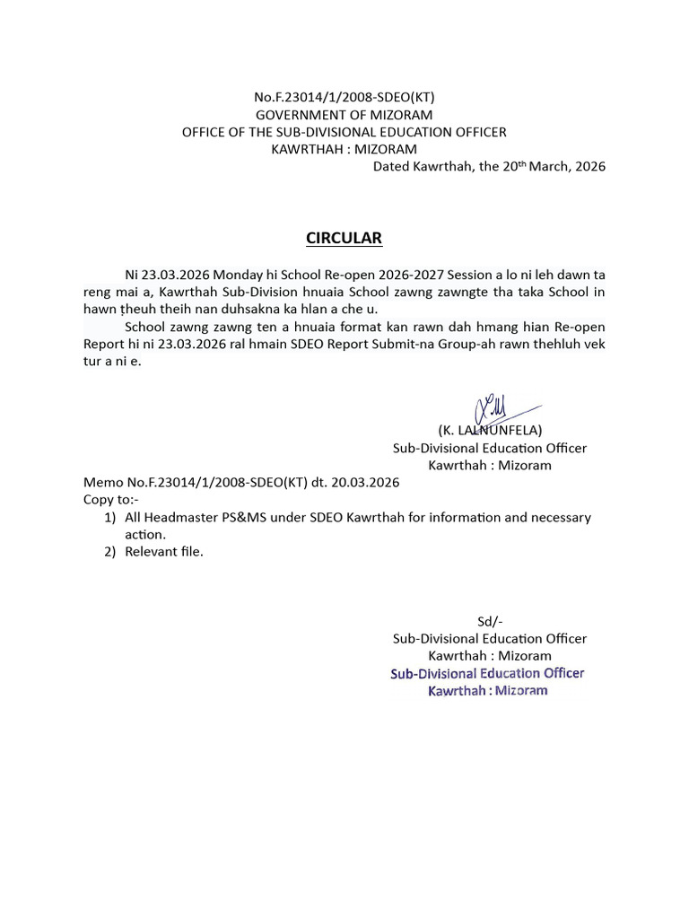 Circular - School Re-Open Report 2026-2027 | PDF