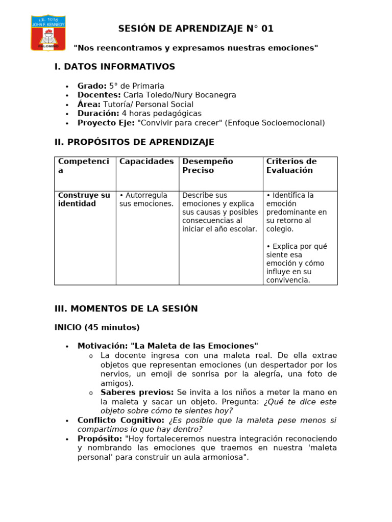 Sesiones de Aprendizaje_ Unidad 0 (1) | PDF | Las emociones | Aprendizaje