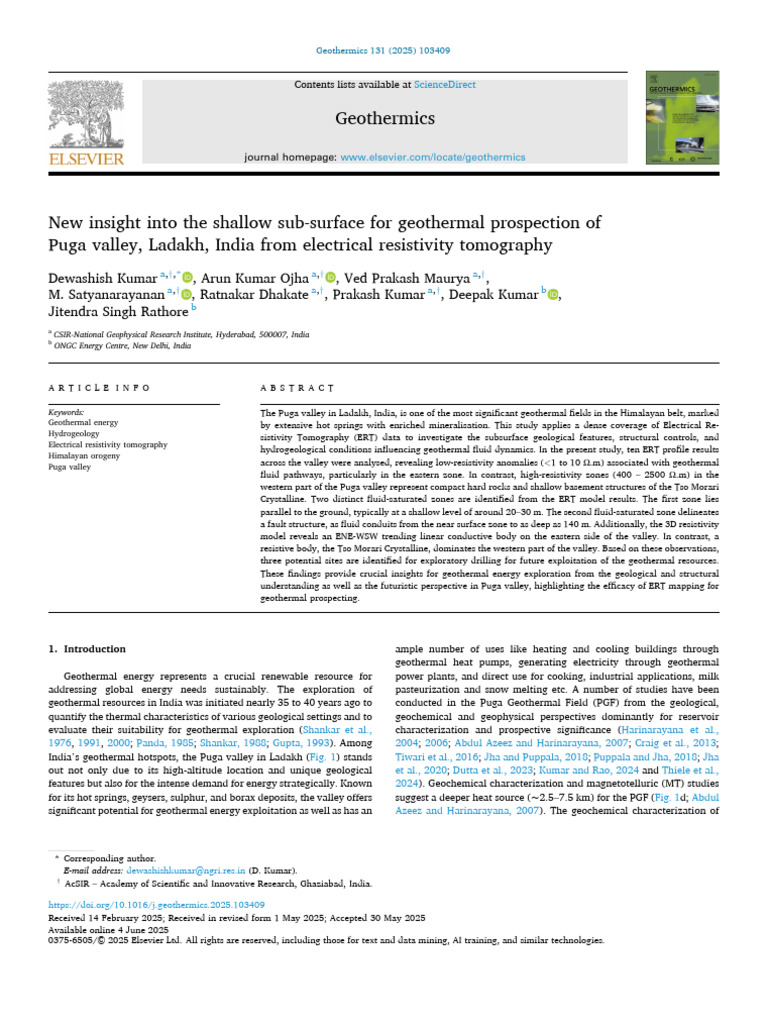2025 - Kumar Et Al - ERT Survey - Puga Geothermal Field | PDF | Geology ...