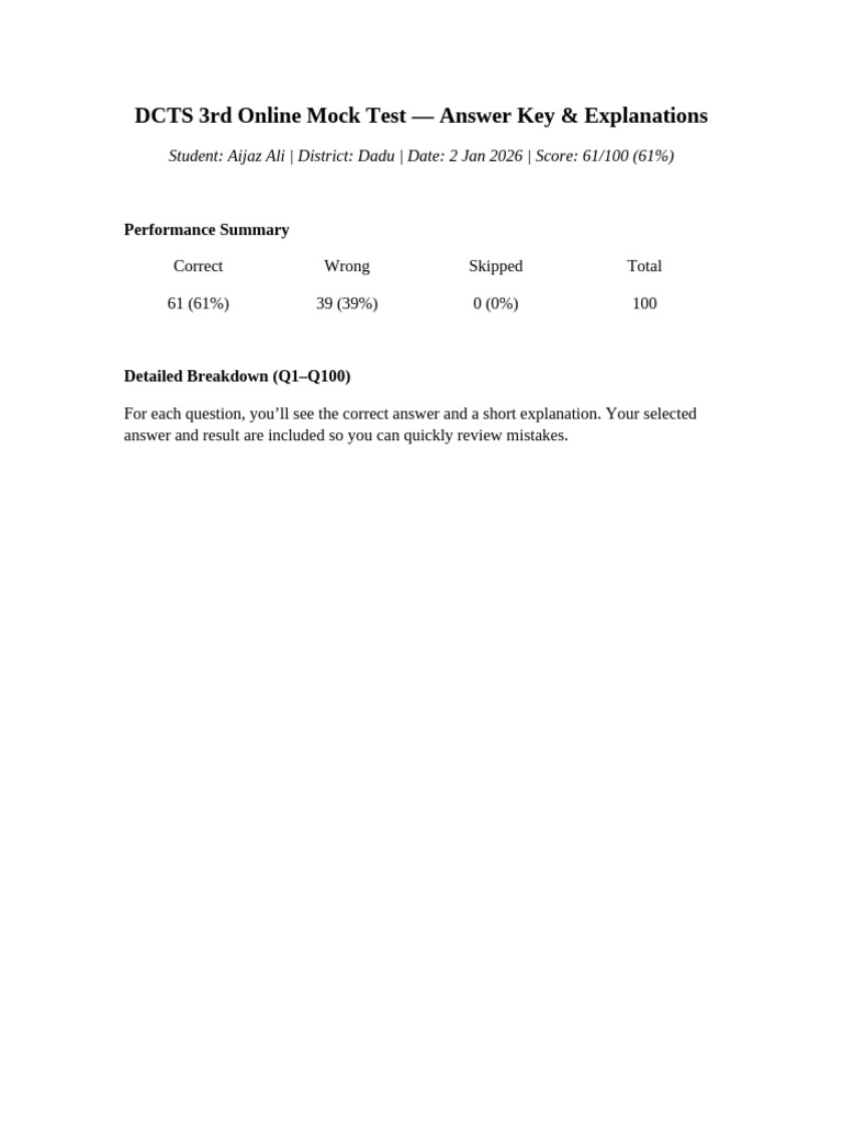 DCTS Mock Test AnswerKey Explanations Aijaz Ali | PDF | Adenosine ...