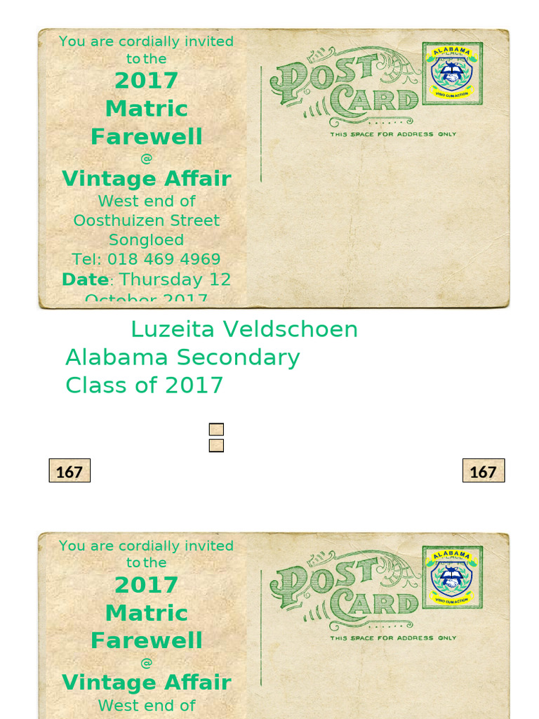 2017 Post Card Matric Farewell Invitation | PDF