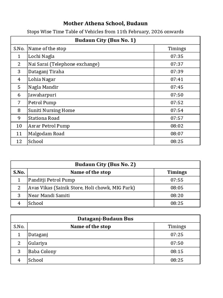 Bus Stops List Time Wise 2025-26 From 11th February 2026 Onwards | PDF