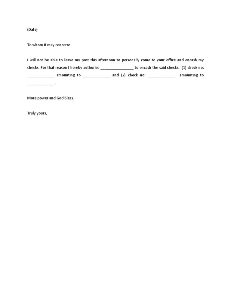 Authorization Letter Sample For Check Encashment 