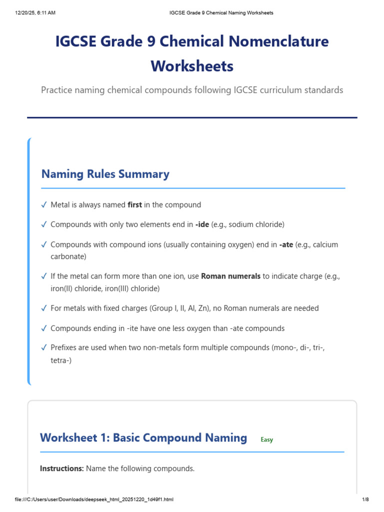 IGCSE Grade 9 Chemical Naming Worksheets | PDF | Chemical Compounds ...