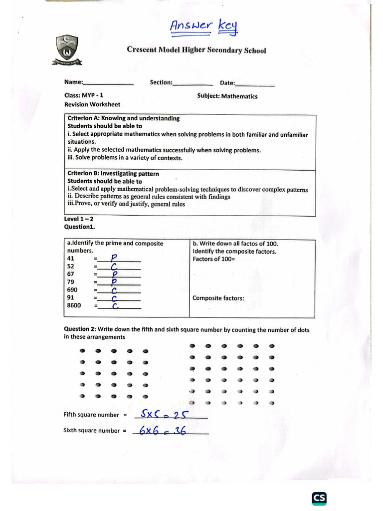 Answer Key Revision Worksheet Numbers | PDF