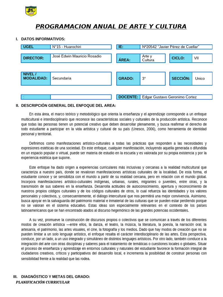 Programa Anual Arte y Cultura 3 - 2025 | PDF | Enseñando | Aprendizaje