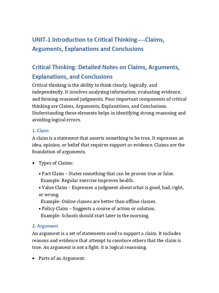 Critical Thinking Detailed Notes | PDF | Argument | Reason