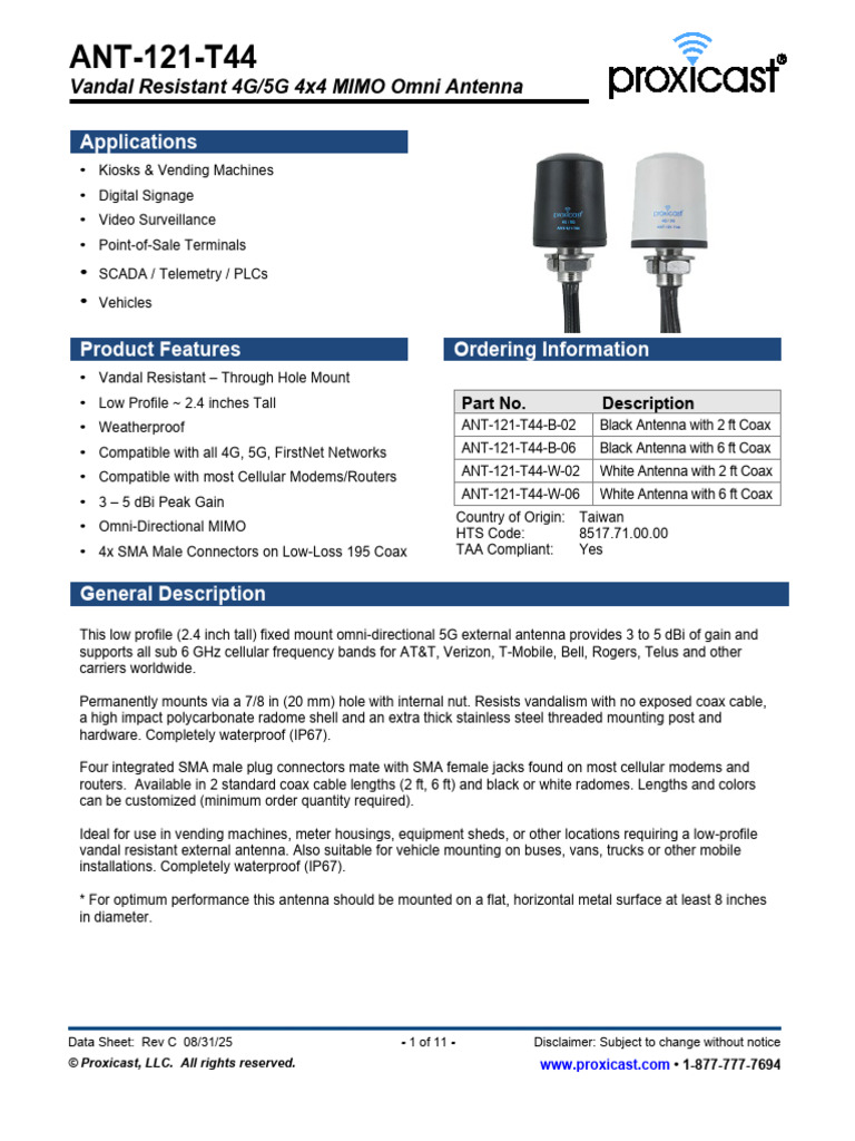 ANT 121 T44 Specifications | PDF | Coaxial Cable | Antenna (Radio)