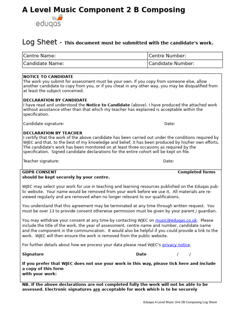 Eduqas A Level Component 2 Composing Log Option B With GDPR | PDF ...