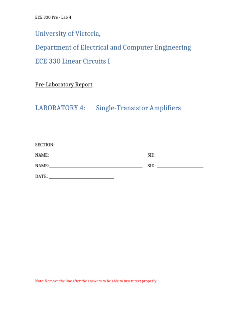 Pre Lab 4 Template | PDF | Amplifier | Electronic Engineering