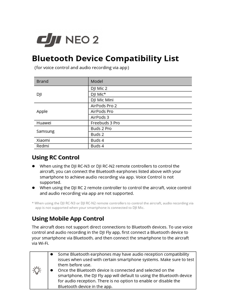 DJI Neo 2 Bluetooth Device Compatibility List en | PDF