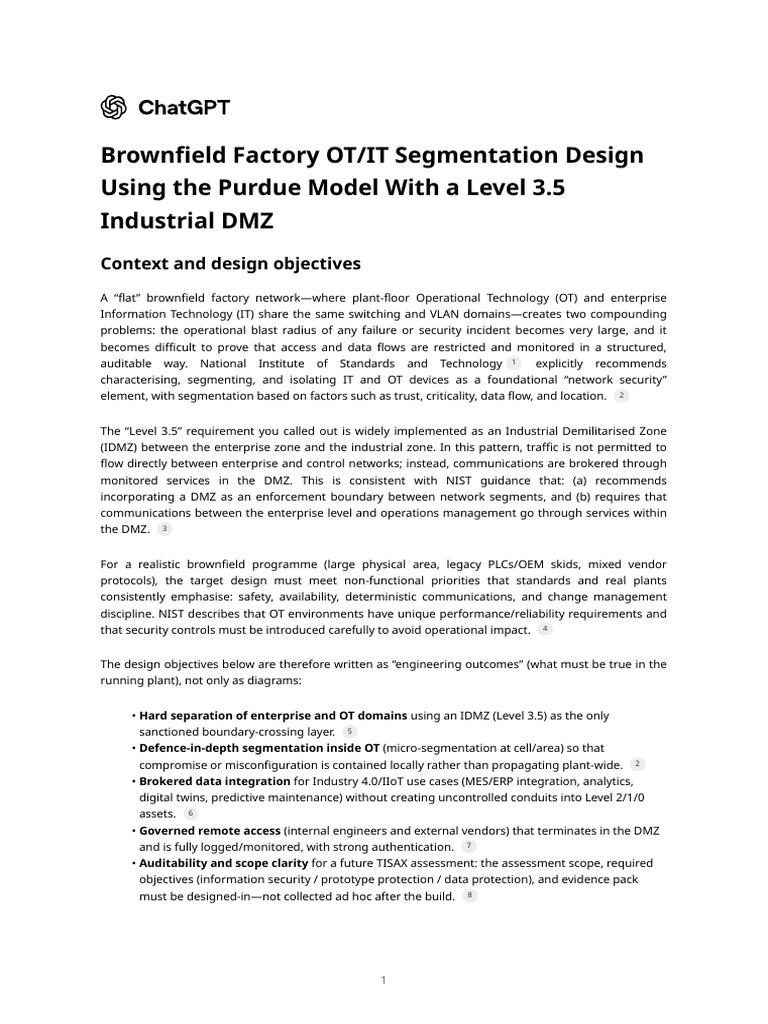 Brownfield Factory OT - IT Segmentation Design Using The Purdue Model ...