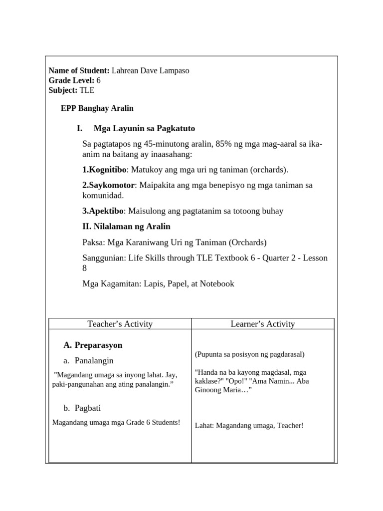 EPP Banghay Aralin | PDF